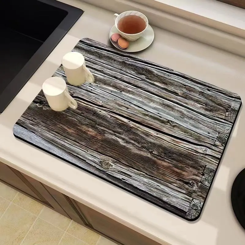VIKAMA Vintage Wood Grain Dish Rack Mat Rustic Wood Printed Absorbent Quick Dry Mat Farmhouse Style Countertop Home Decor