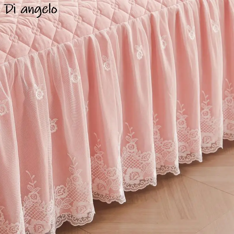 Gonna da letto ispessita di lusso rosa, lenzuolo in pizzo ricamato, coperta di copertura, gonna, federe, King, Queen, Twin, # /L