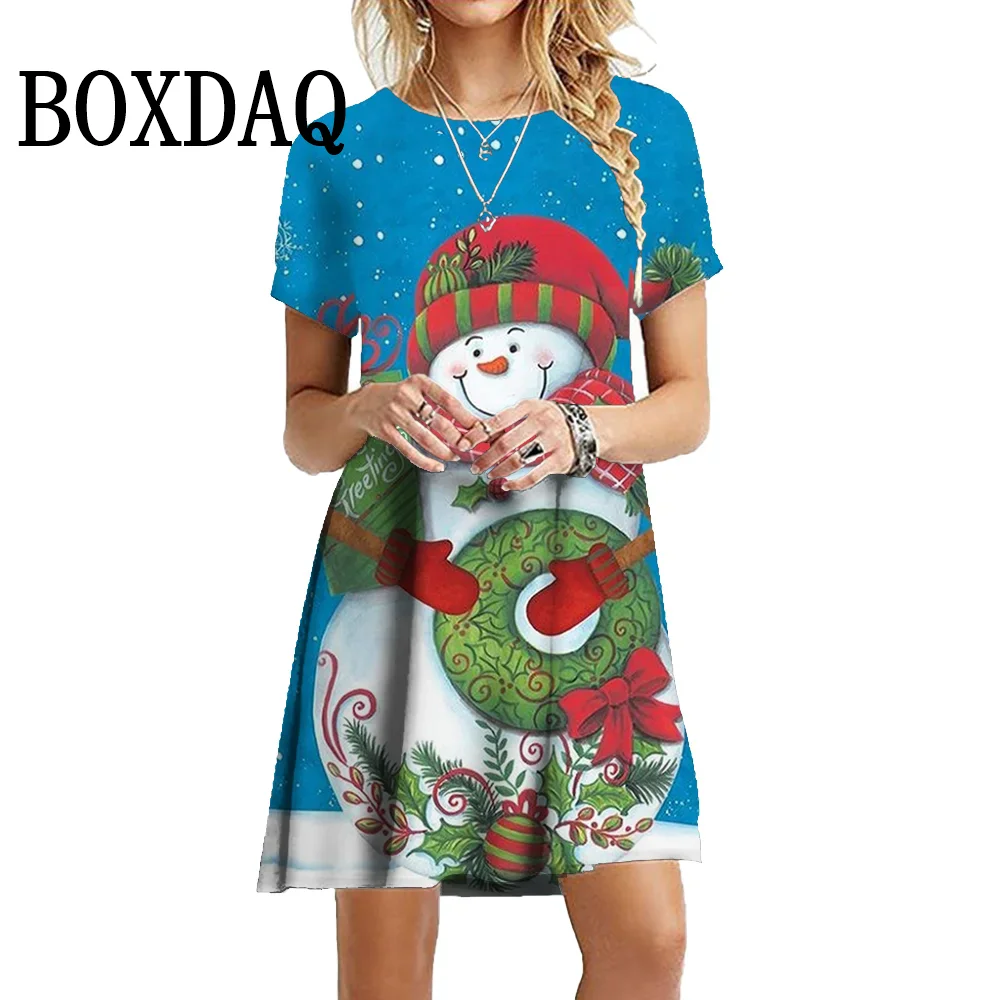 Funny Women Party Christmas Snowman Dress 2024 New Fashion Cute Christmas Style Loose Dress Sweet Casual Short Sleeve Mini Dress