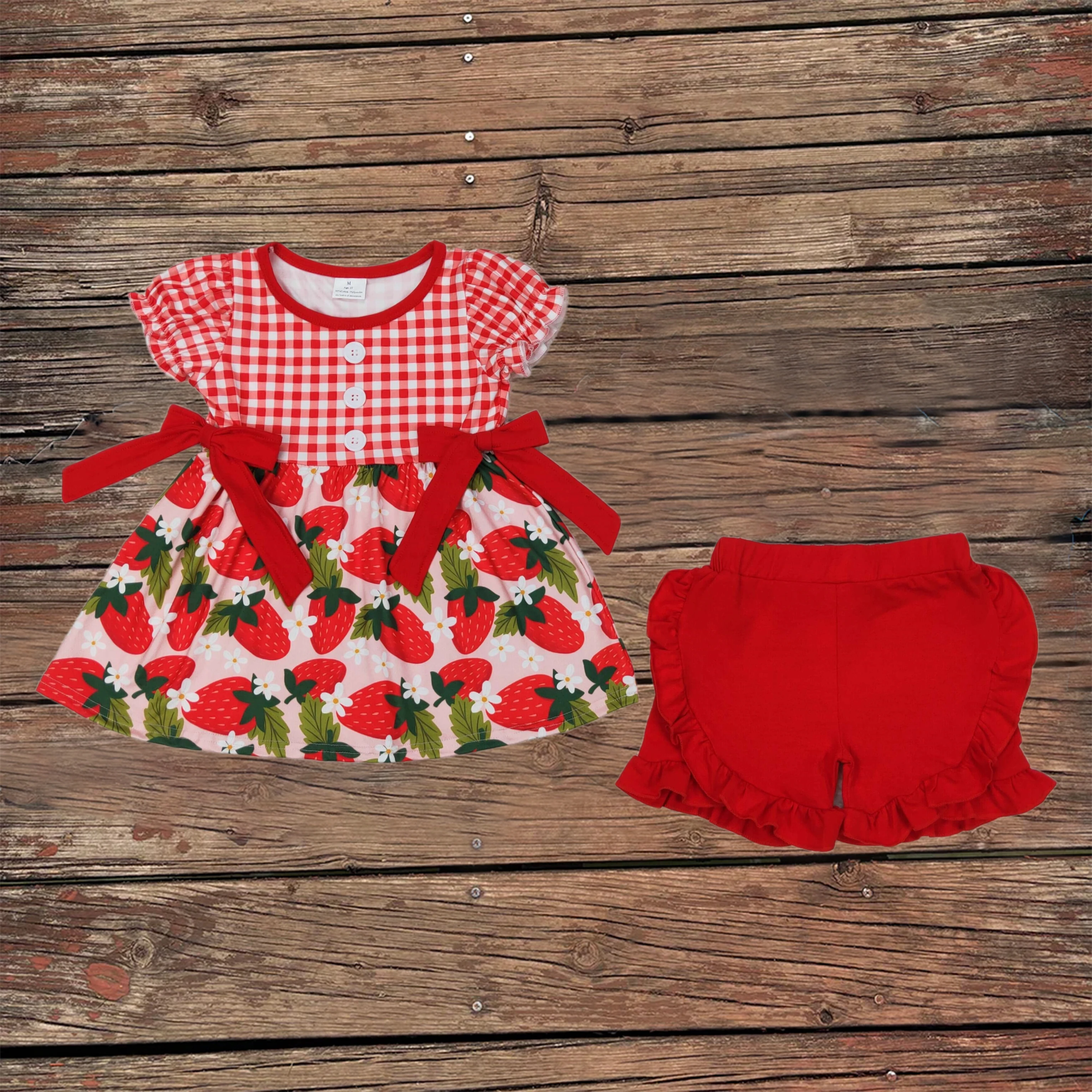 

Wholesale Toddler Short Sleeves Checked Strawberry Bows Tunic Kids Ruffle Red Cotton Shorts Baby Girl Set Children Infant Outfit