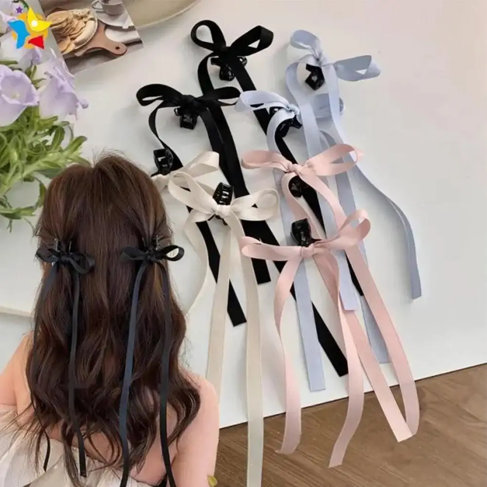 2pcs Ins Style Y2K Ponytail Hair Clip Ribbon Bow Shark Clip Hair Bows Women Korean Long Tassel Ribbon Hairpin Hair Accessories