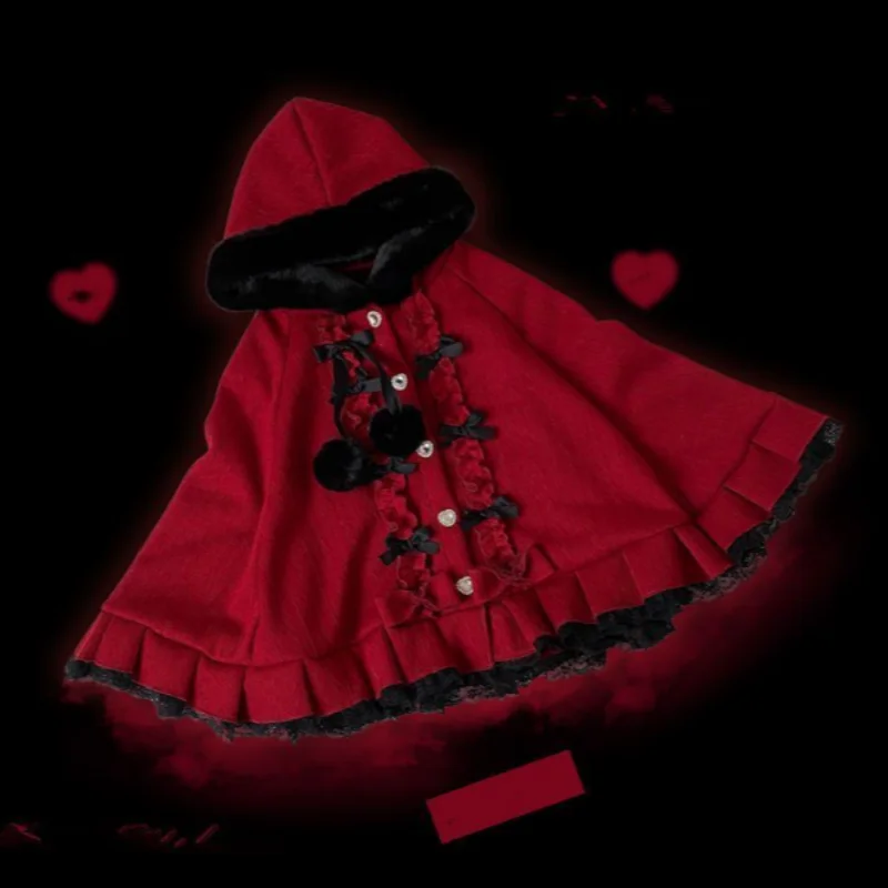 

Kawaii Girls Hooded Cloak Lace Edge Bow Single Breasted Sweet Ponchos Sissy Loose Private Party Costumes Capes Coat