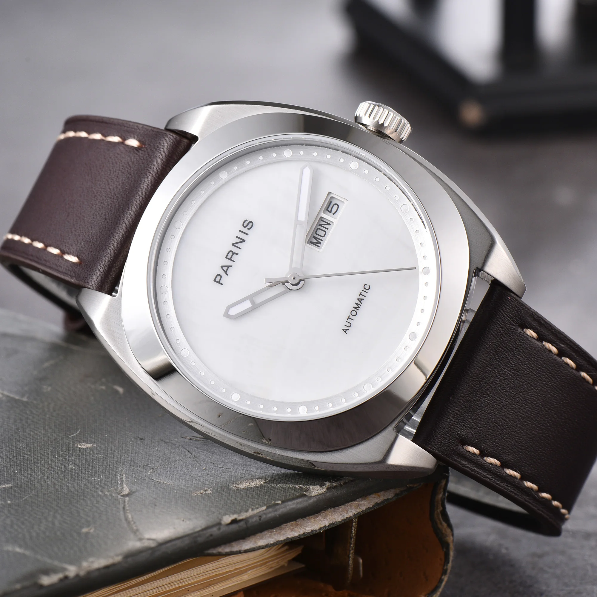 파르니스 42mm 실버 케이스 기계식 오토매틱 남성용 시계 사파이어 크리스탈 가죽 스트랩 남성용 방수 시계 reloj hombre 2025