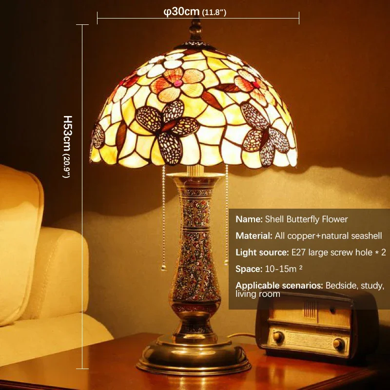 European Tiffany Brass Table Lamps LED Creative Modern Shell Decor Desk Light for Home Living Room Bedroom