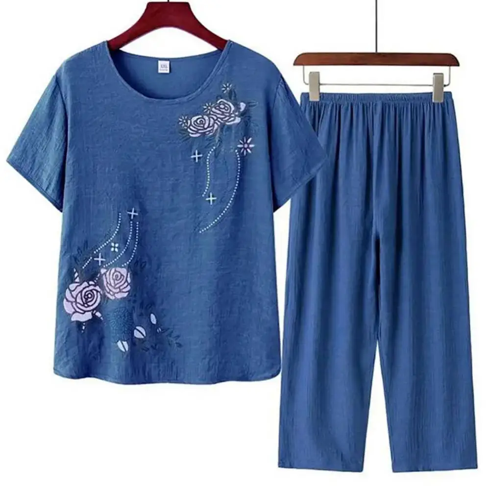 Women Short Sleeve T-shirt Top Pants Floral Print Loose Loungewear Home Outfit