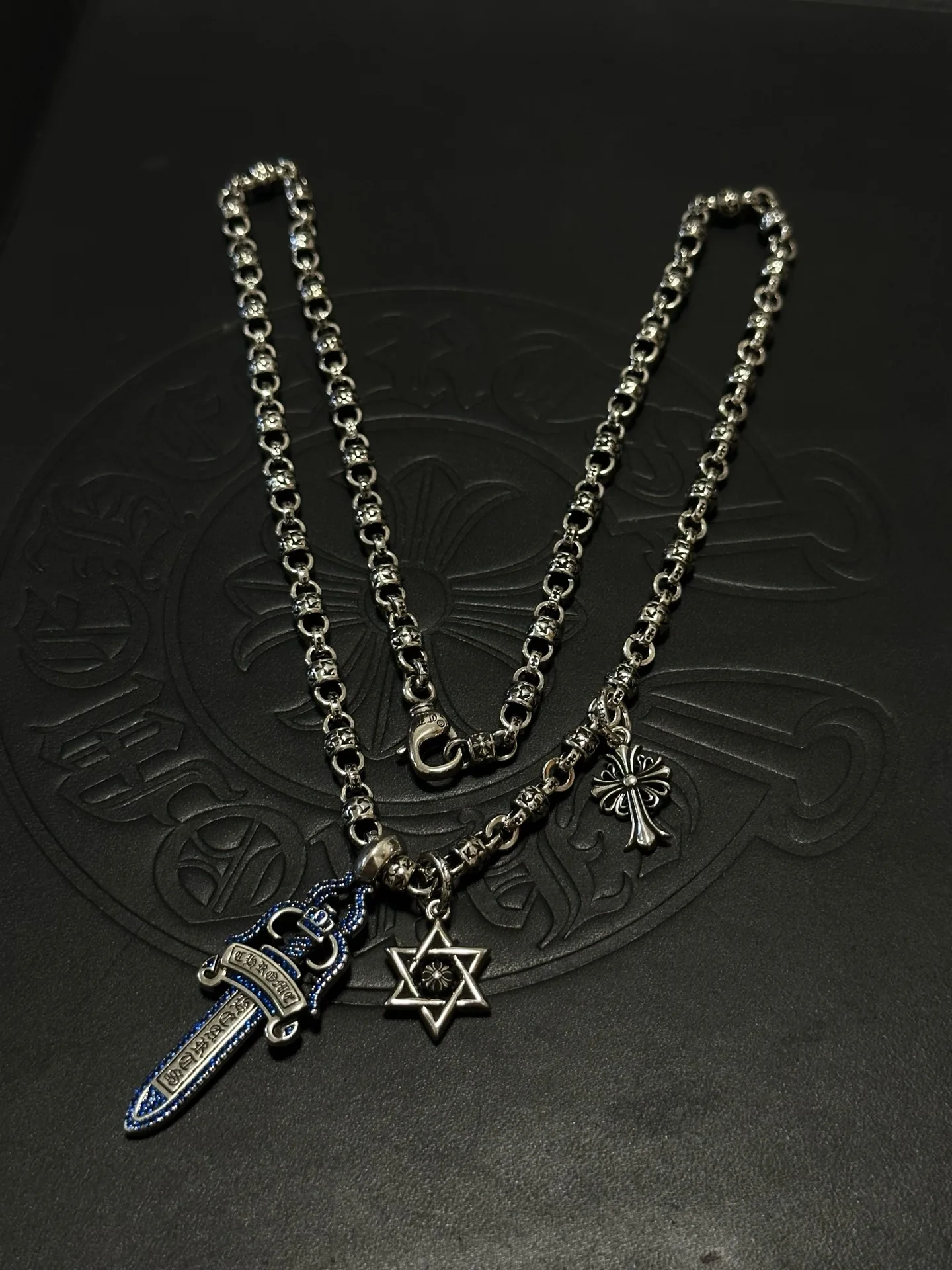 S925 Sterling Silver Sword Hexagram Double Pendant Necklace CH Vintage Premium Autumn Winter Sweater Chain Jewelry Punk