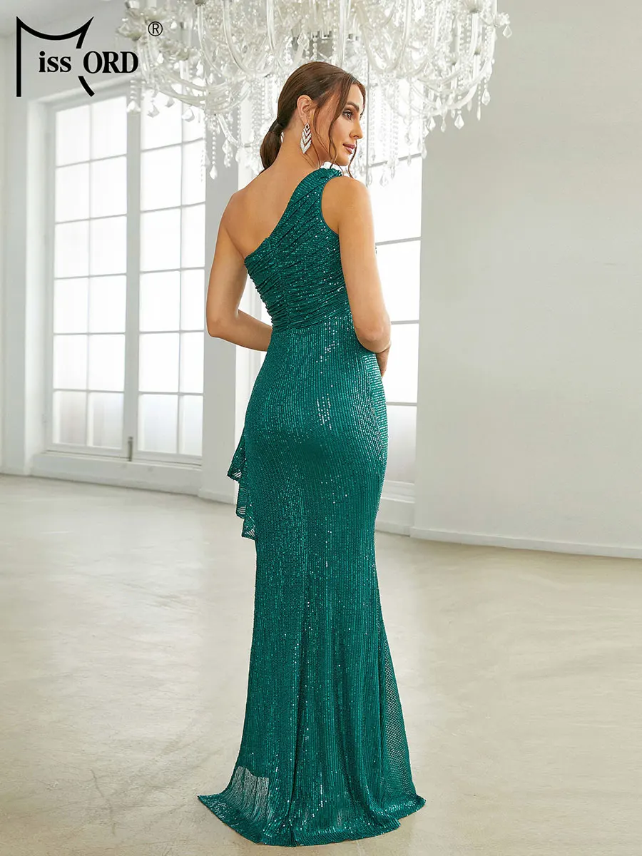 Missord Green Sequin Cocktail Dress Women One Shoulder Sleeveless Ruched Draped Thigh Split Prom Party Evening Dresses Long Gown