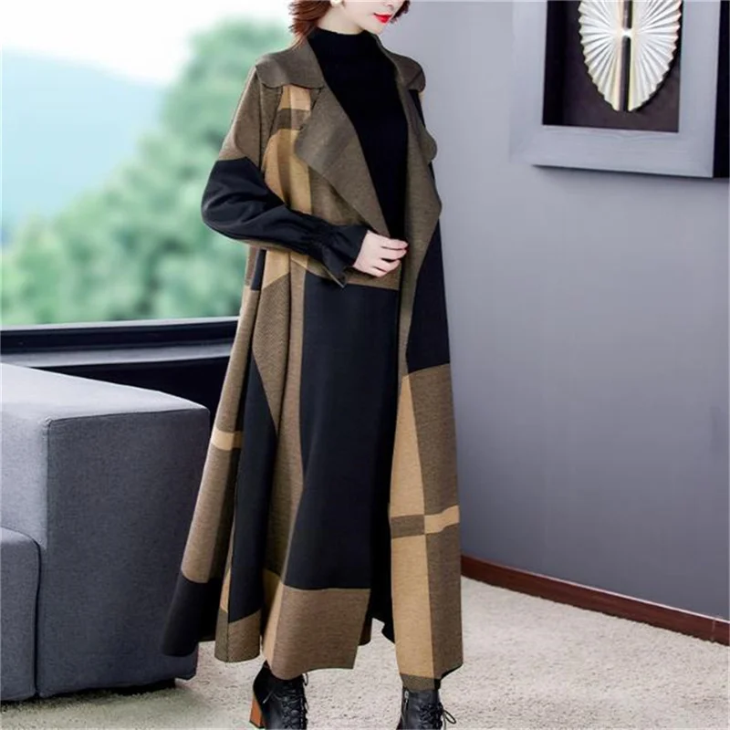 2024 Spring Autumn New trench Coat Women\'s Long and Slim Skin Coat Fashion and Elegant Loose Plaid Coat Over Knee Long Coat