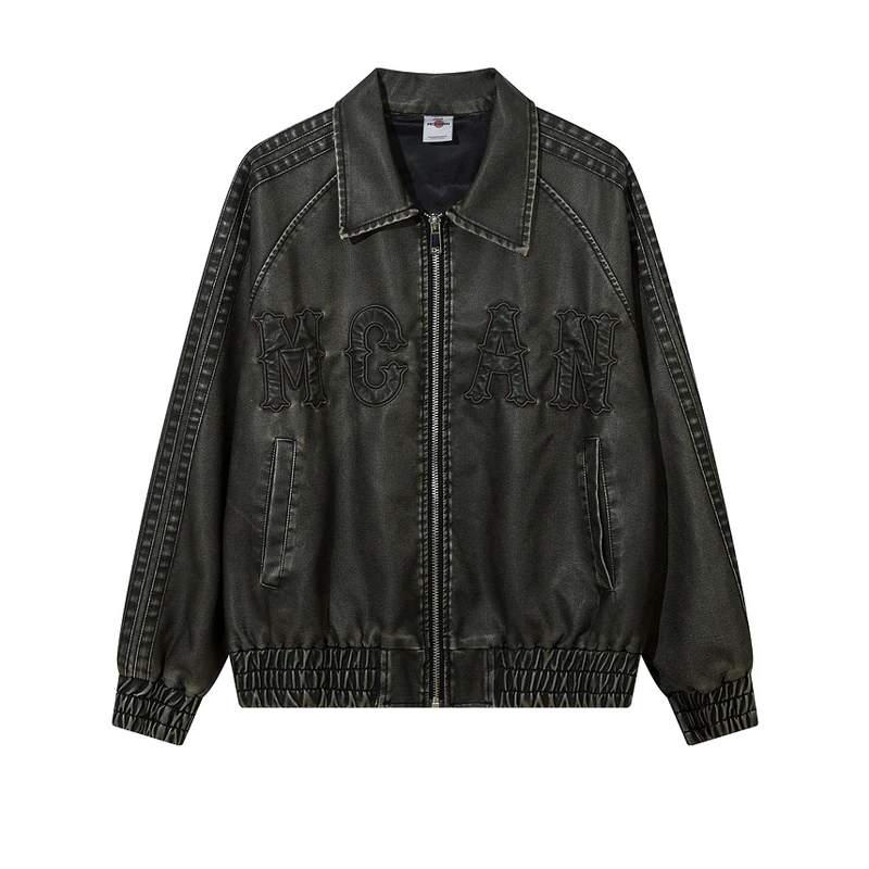 FXK Original bestickter Buchstabe PU-Leder Jaet Vintage American Street Sle Herren Damen Baseballmantel Herbst Oberbekleidung