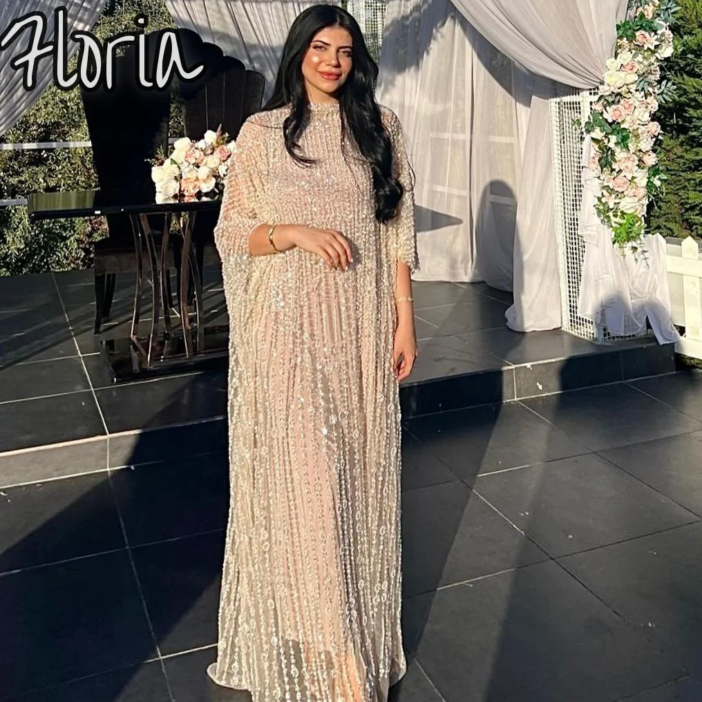 

Luxury Dubai Silver Nude with Cape Half Sleeves Mermaid Arabic Classic Evening Dress Gowns with Beaded for Women's Party