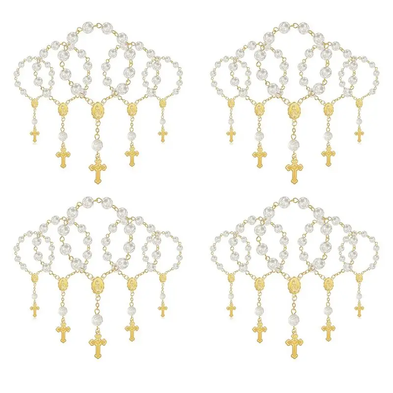 

A74E-60Pcs Baptism Favors With Cross Mini Rosaries Acrylic Beads Bracelet Christening Communion Finger Rosarie Bracelet