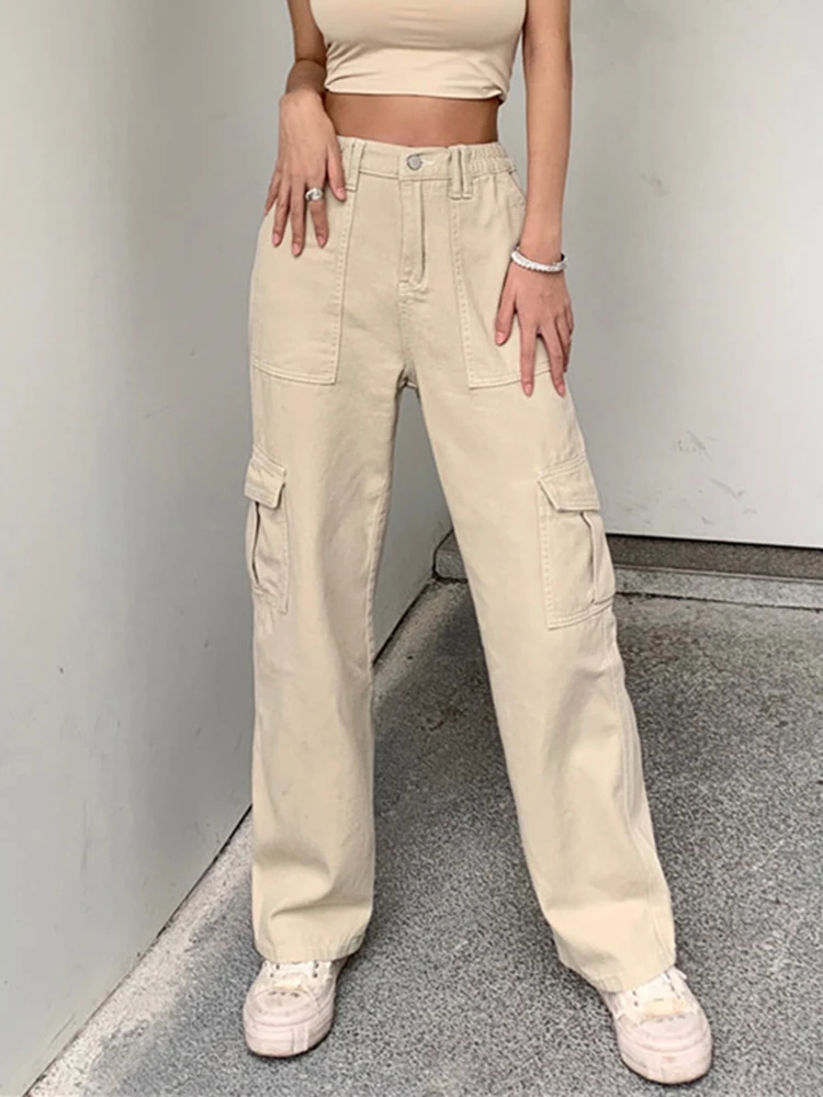 

2024 Spring Autumn New Women Cargo Pants Hot Girl Y2K Multi Pocket Elastic Waist Workwear Solid Streetwear Straight Leg Trousers