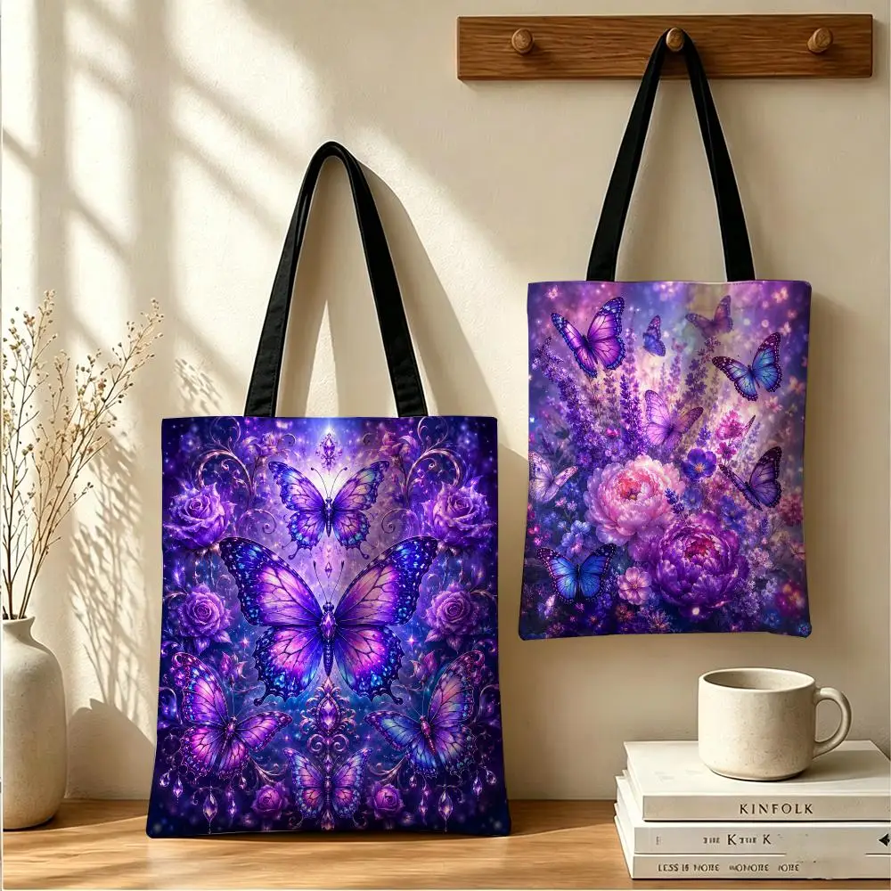 Vintage Purple Butterfly Storage Bags Canvas Tote Bag Women Large Capacity Reusable Shopping Shoulder Bag Daily Handbag
