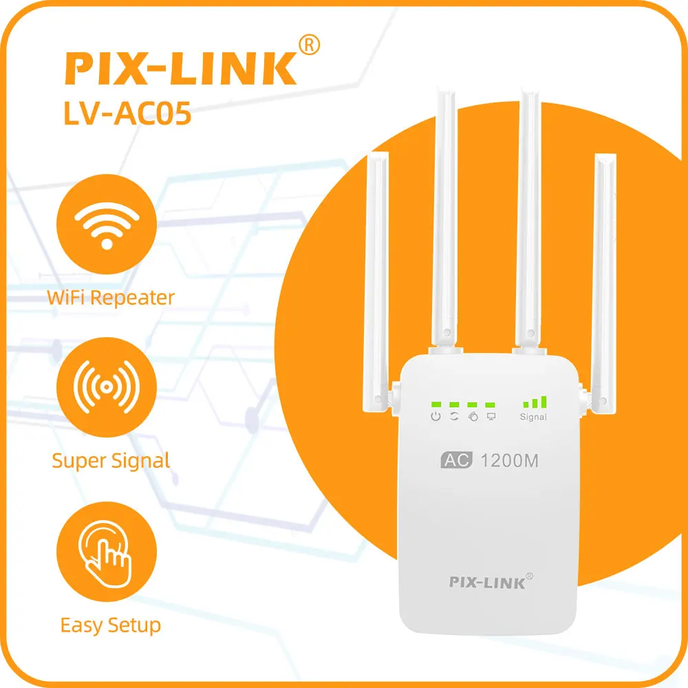 PIX-LINK AC1200 WiFi Repeater, 2.4G/5G Dual Band Wireless Signal Booster, 4 Antennas WiFi Extender with AP/Router Mode,