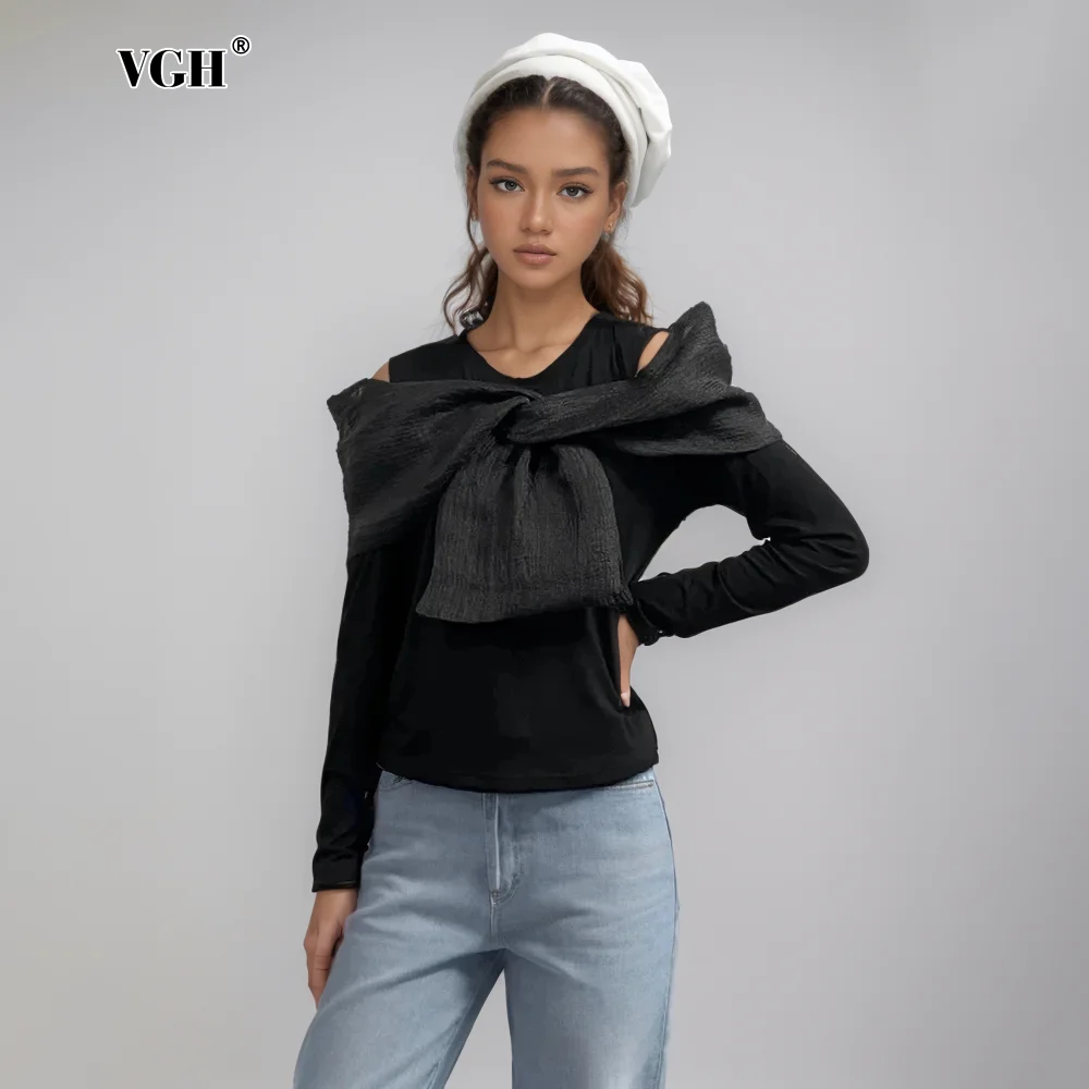 

VGH Hollow Out Spliced Bowknot Chic Design Sense T Shirts For Women Round Neck Long Sleeve Minimalist Slimming T Shirt Female