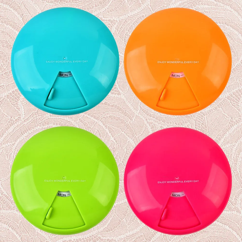 4Pcs Pill Organizer Box Weekly 7 Compartment Round Rotating Portable Medicine Case Lightweight Compact Plastic Storage Container