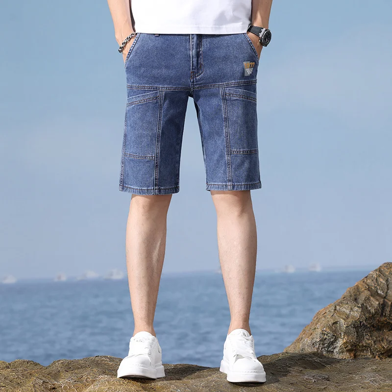 ฤดูร้อนใหม่ตรงกางเกงยีนส์ผู้ชายกางเกงขาสั้นยืดนุ่ม Multi-Pocket Casual กางเกงยีนส์สั้นแฟชั่นล้างบางกางเกงขาสั้นชายเกาหลี