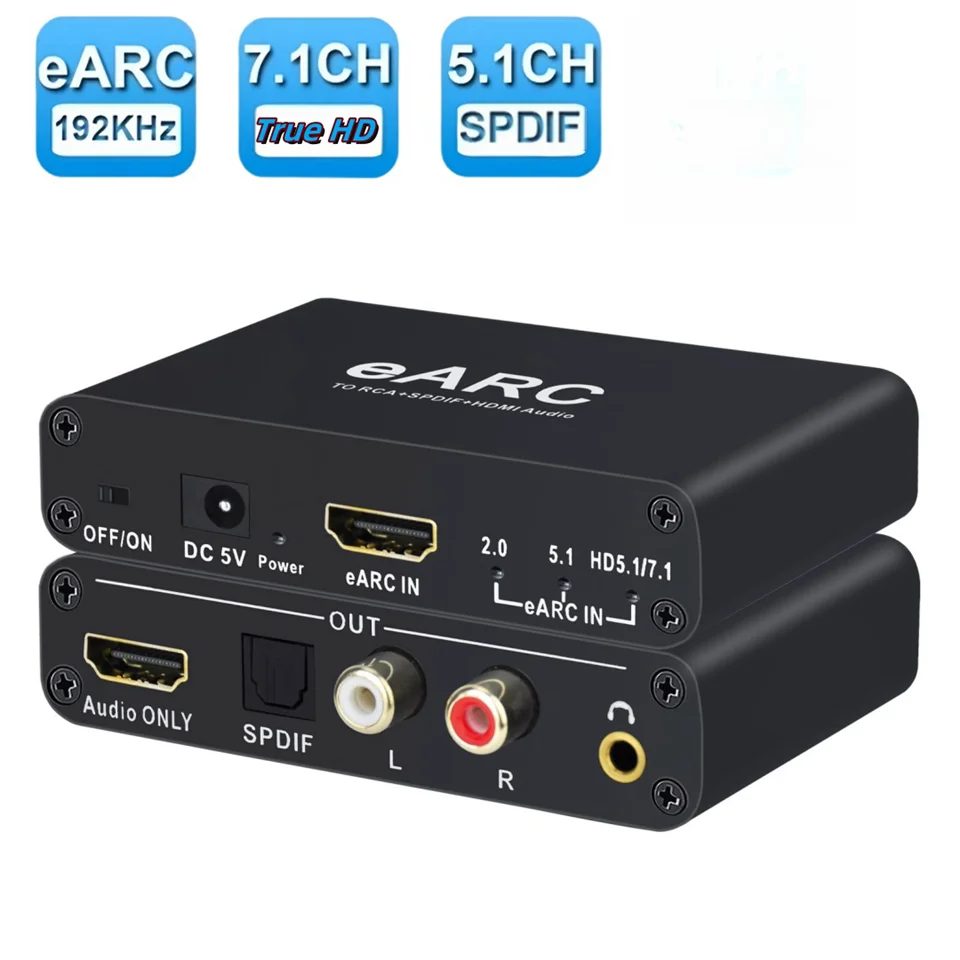 192Khz HDMI eARC ARC Audio Extractor eARC to RCA Audio Converter  Digital to Analog Adapter For DTS Dolby Atoms AC3 LPCM Fiber