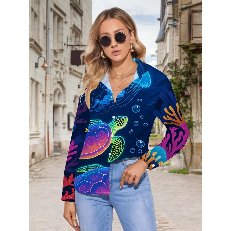 New Women's Casual Long-Sleeve Shirt: Iridescent Sea Turtle Swimming, Fluorescent Jellyfish in the Deep Blue Ocean.