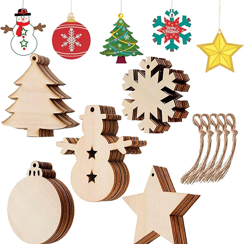 10 Stück hölzerne Weihnachtsbaum-hängende Anhänger, Ornament, unvollendete Holzscheiben mit Loch, Rohlinge, Anhänger, DIY-Handwerk, Weihnachtsdekoration