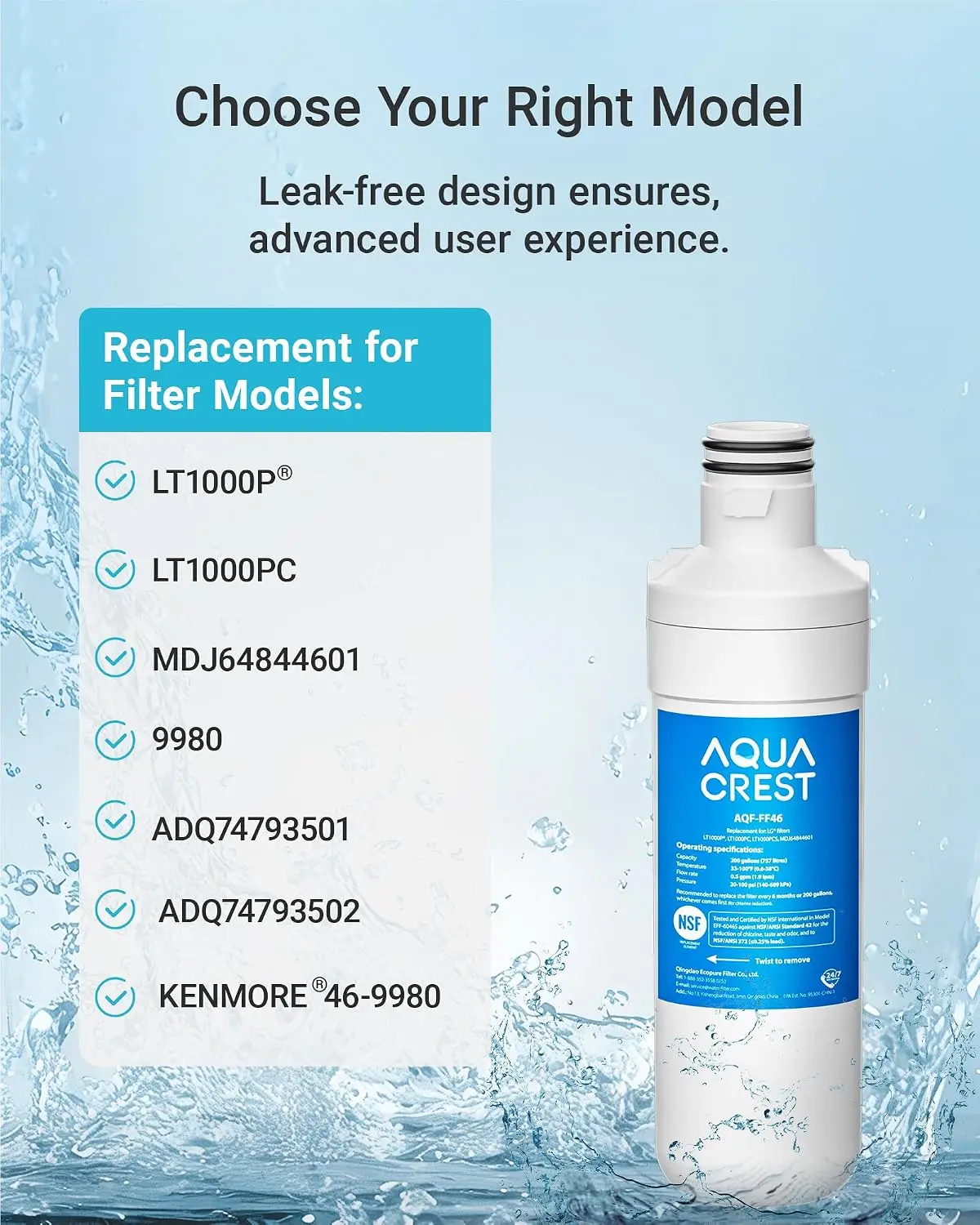 AQUA CREST LT1000PC ADQ747935 Refrigerator Water Filter and Air Filter, Replacement for LG® LT1000P®/PC/PCS, LMXS28626S, LFXS26973S, MDJ64844601, ADQ74793501, ADQ74793502 and LT120F®, 5 Combo