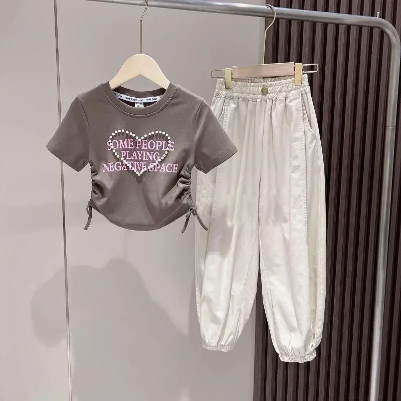 2024 Children Set Girls Fashion Casual Suit Summer New Pearl Waisted Short Sleeve Work Pant Two-Piece Kids Comfort Clothes 4-14Y