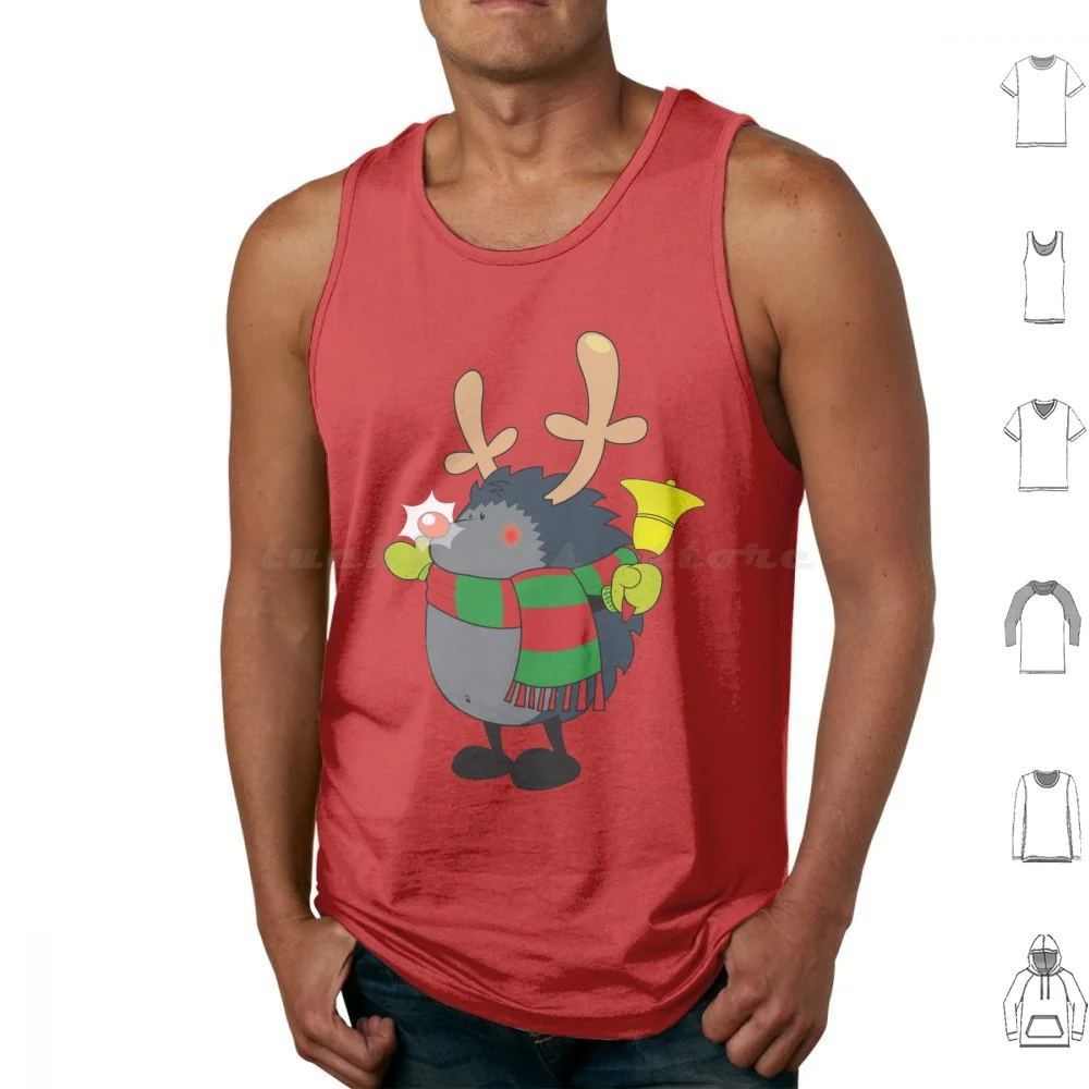 Rudolph The Red Nosed Hedgehog Wishes You A Merry Christmas! Tank Tops Print Cotton Cold Fun Mammal Wishes White Sweet