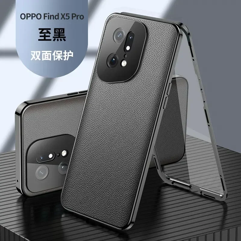 360 Full Protection Metal Bumper Clear Front Glass Case For Oppo Find X5 Pro with Back Leather Skin Hard Cover Phone Protector