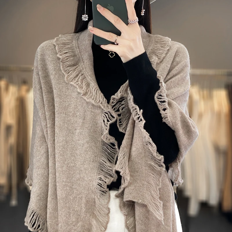 Autumn And Winter 100% Pure Wool Scarf Women's Tassel Knitted Shawl Sun Protection Air Conditioning Sweater Fashion Solid Warmth