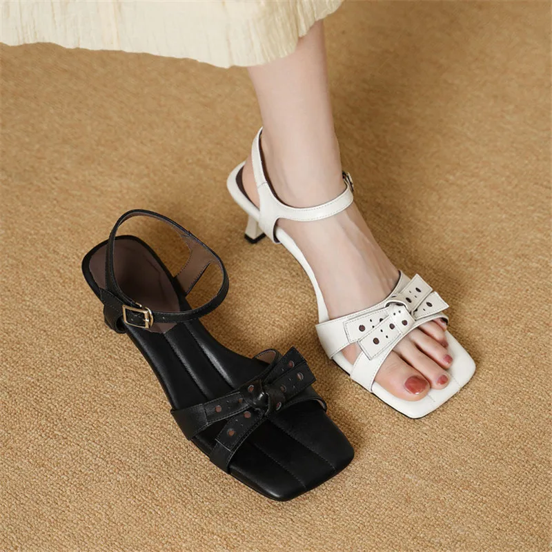 

New Summer Sandals Genuine Leather Women Shoes Square Toe Shoes for Women Fashion Bow Mixed Color Sandals Handmade High Heels