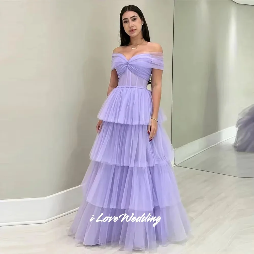 Lavender Strapless Prom Dresses Off the Shoulder Multilayer Floor-length Pleated Modern dresses for birthday luxury Customized