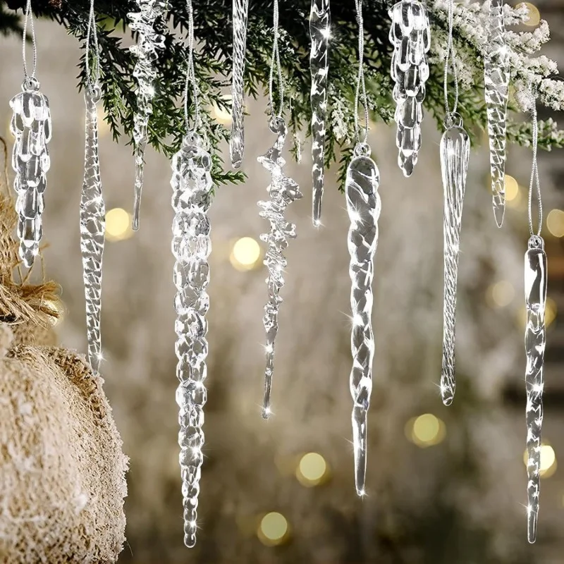 20 Stück Transparente Acryl-Weihnachtseiszapfen-Ornamente Kristall-Hängedekoration für Weihnachtsbaum Winter-Hochzeitsfeier