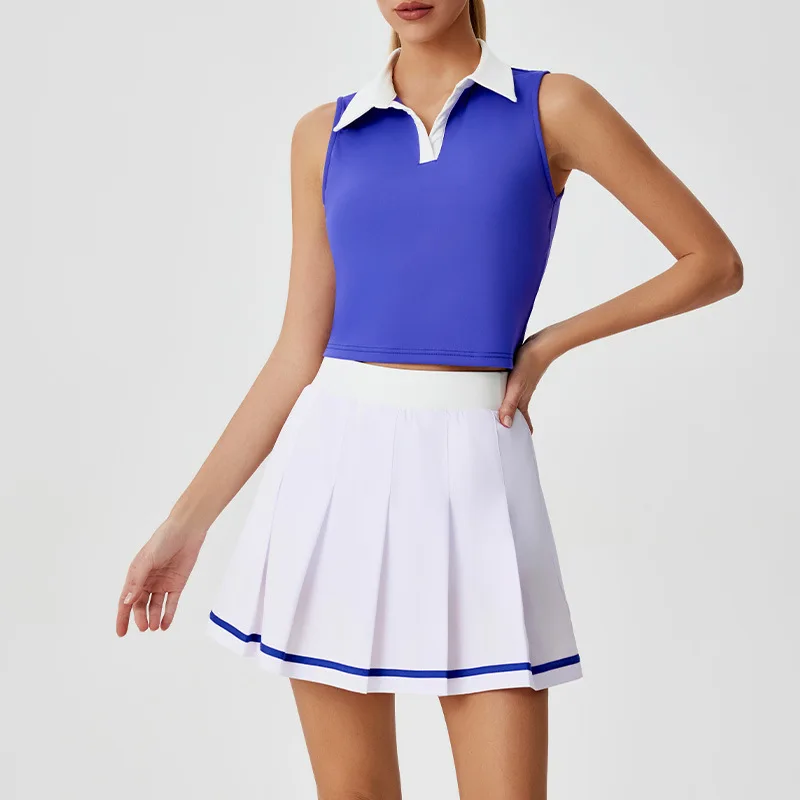 Summer Women Sport Tennis Suit Sleeveless Collar Cropped Tank Top Striped Pleated Skort 2 Piece Outfit Golf Fitness Training Set