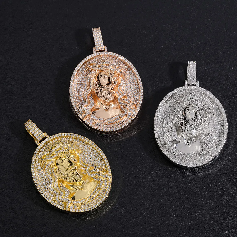 Hip Hop Men Greek Mythology Round Pendant Necklace Copper Inlaid Zircon Medallion with 4mm Tennis Chain Sweater Jewelry