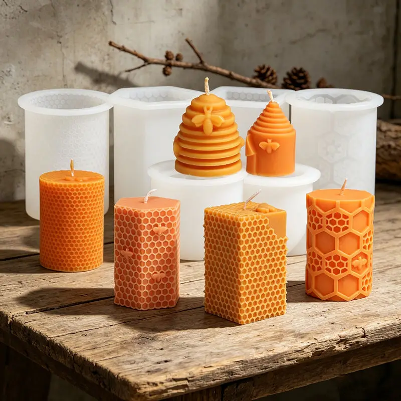 Honeycomb Bee Pillar Silicone Candle Mold, Square Round Hexagonal Column Design DIY Handmade Scented Candle Plaster Resin Craft