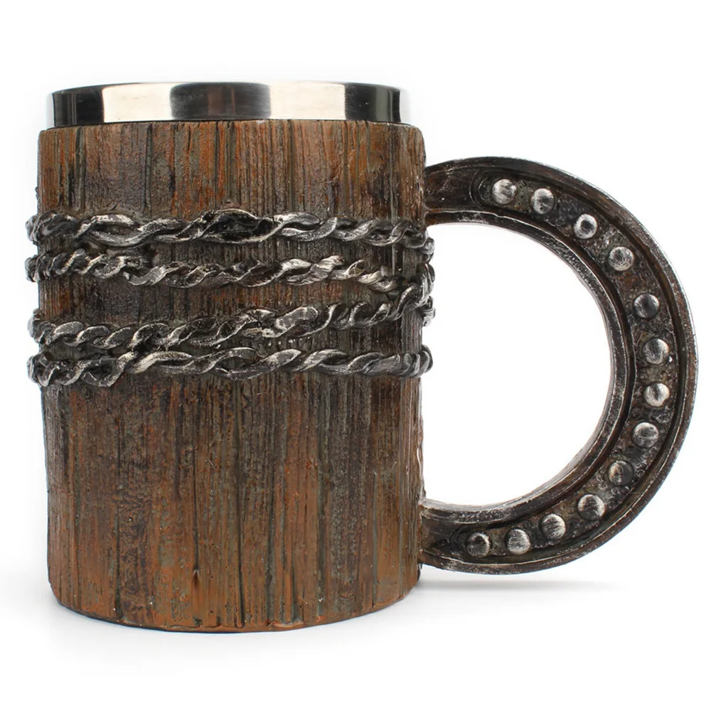 Wooden Barrel Beer Cup Stainless Steel Beer Mug Double Wall Drinking Cups Viking Style Vintage Coffee Mugs Kitchen Supplies