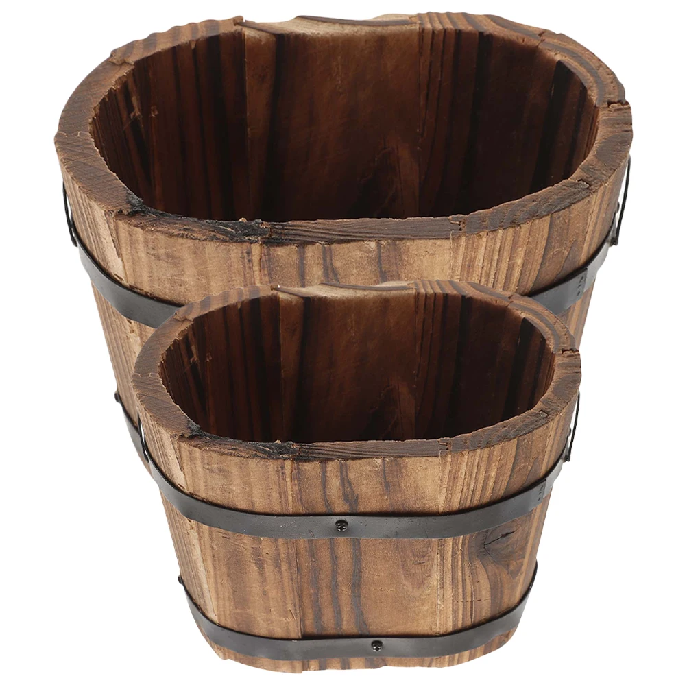 

2pcs Vintage Wood Flower Pots Small Oval Medium Ellipse Planter Succulents Cacti Herbs Balcony Garden