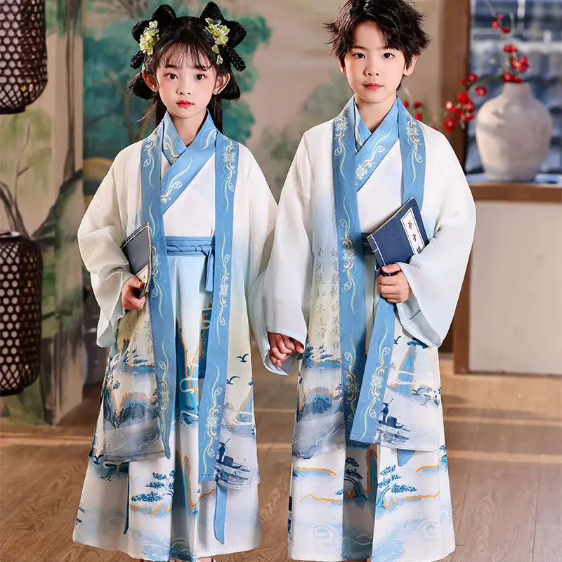 

Новый детский костюм Ханфу Тан-тайское традиционное платье для мальчиков и девочек для детского сада, школьное представление, церемония конфуциала, возраст 3-12 лет