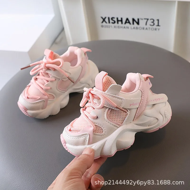 Spring Autumn Boys Girls Soft-soled Lace-up Breathable Sneakers Children Thick-soled Dad Shoes Kids Non-slip Outdoor Casual Shoe
