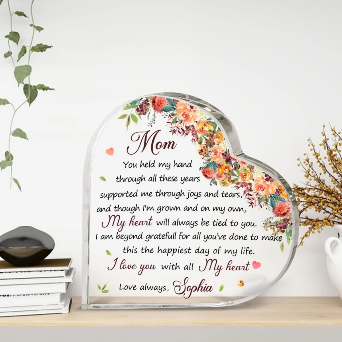 Color Flower Print Acrylic Heart Plaque Stepmother Christmas Mother's Day Thanksgiving Gift for Mommy Keepsake Desk Home Decor