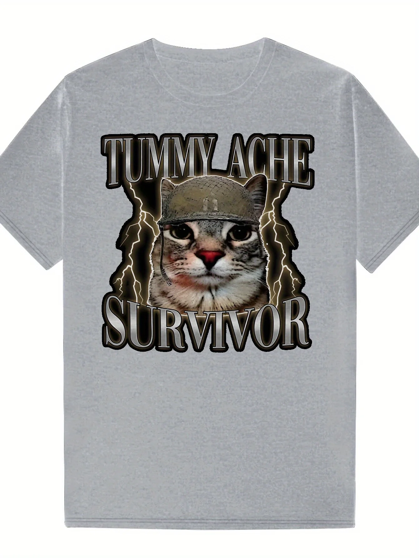 Summer Casual Graphic T-Shirt Funny Cat Military Design with Tummy Ache Survivor Slogan Men's T-Shirt Black  Tee