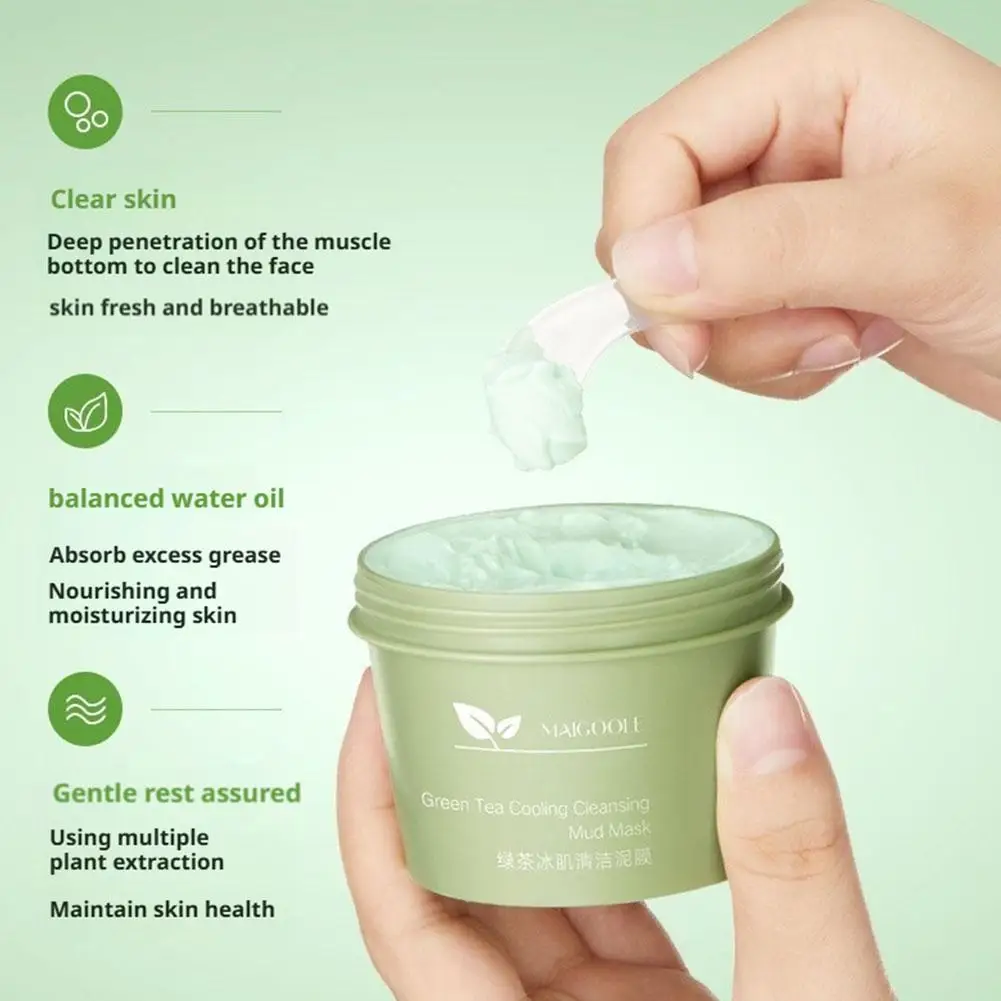 100 جرام كفاءة تنظيف تطبيق قناع طمي مرونة ترطيب عميق تقلص المسام حب الشباب الشاي الأخضر التبريد التطهير قناع طمي الوجه