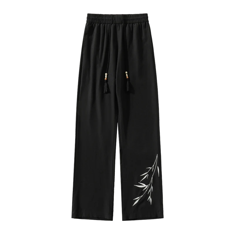 Chinese Style Summer Men's Elastic Waist Ice Silk Drawstring Embroid Fashion Simplicity Loose Casual Straight Wide Leg Trousers