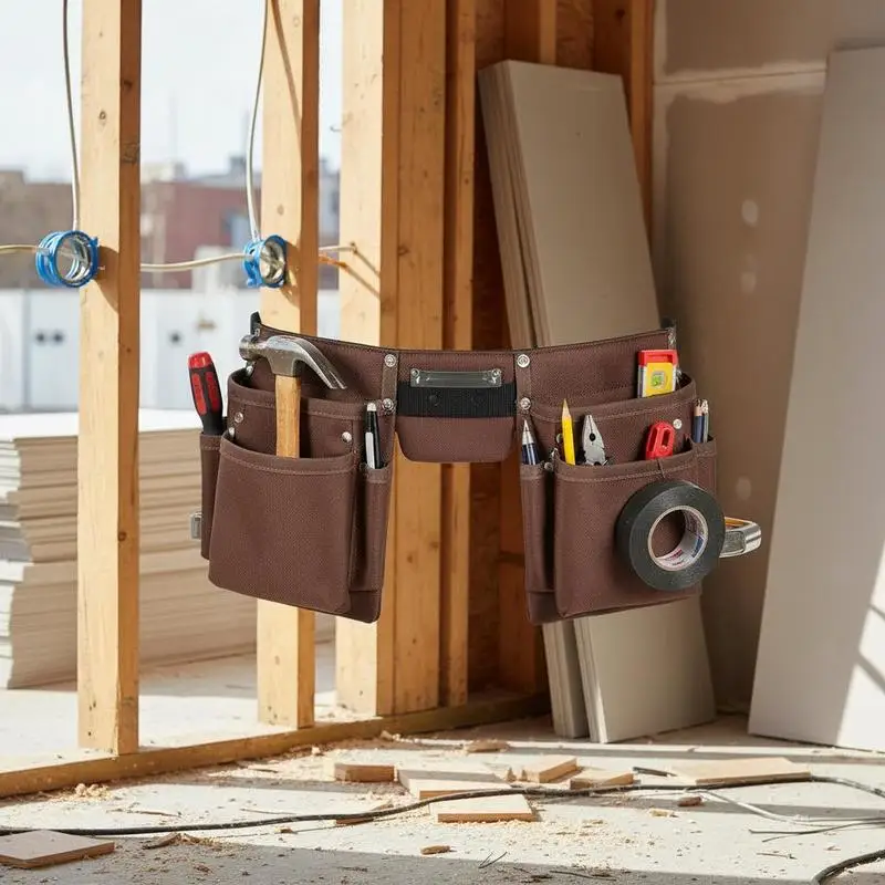 

Tool Belt, Adjusts from 29 Inches to 54 Inches, Polyester Heavy Duty Tool Pouch Bag, Detachable Tool Bag for Electrician, Carpenter, Handyman, Woodworker, Construction, Framer, Brown