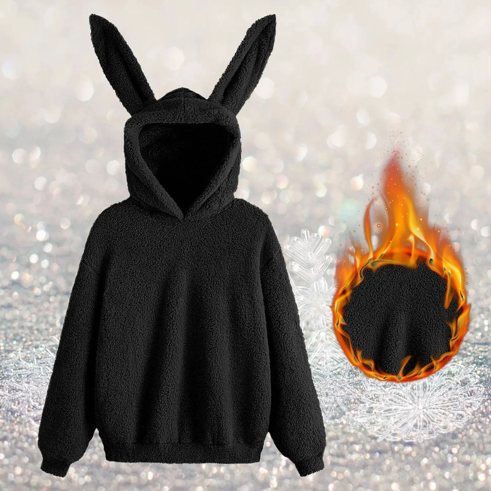 Autumn Winter Casual Cute Rabbit Ear Hooded Sweatshirt Solid Color Fleece Comfy Hoodie Women Loose Versatile Casual Pullover