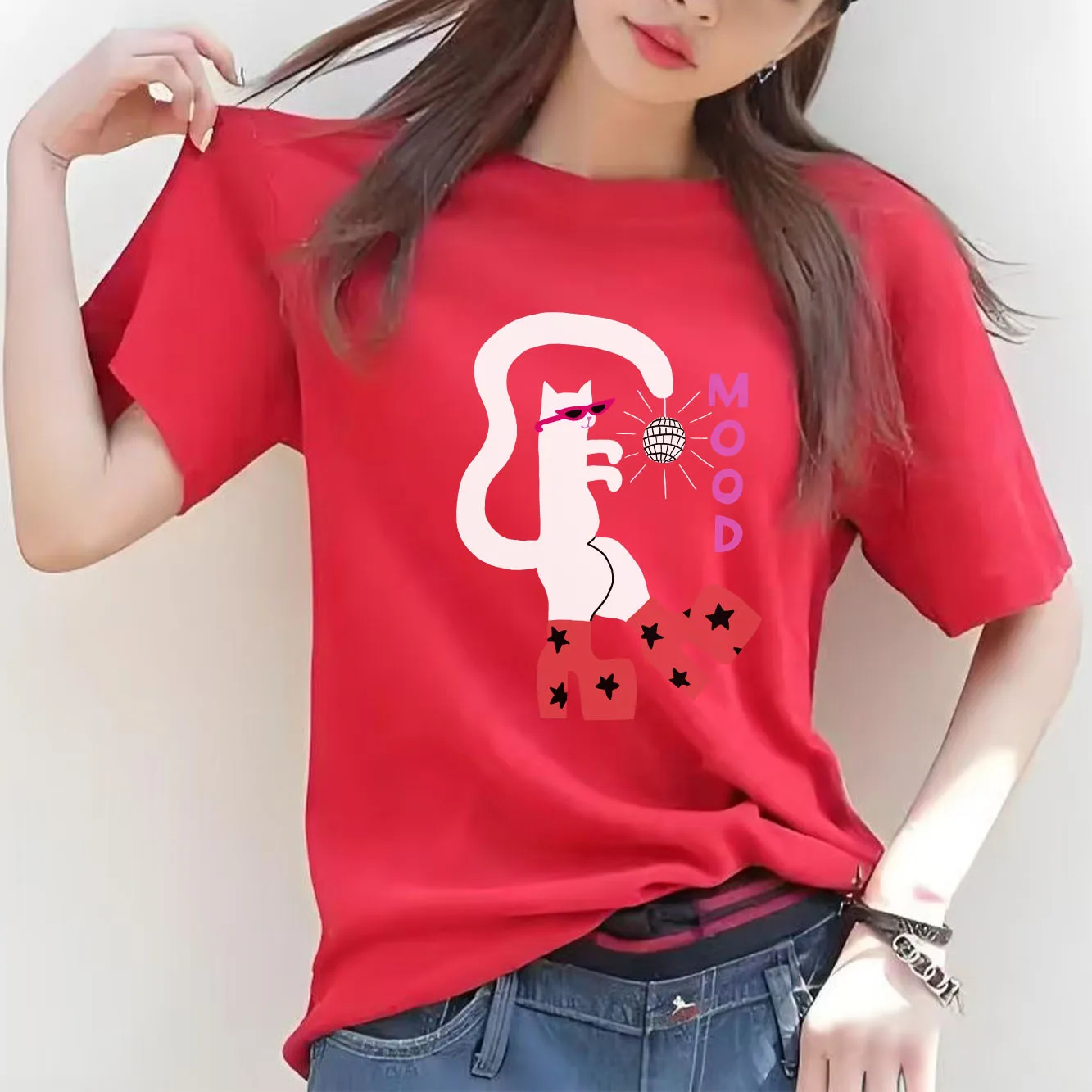 تي شيرت مطبوع عليه قطة الرقص الممتعة كاجوال بأكمام قصيرة مناسب للفصول الأربعة تي شيرت نسائي متعدد الاستخدامات
