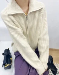 Women's 100% Pure Cashmere Cardigan Loose Turtleneck Sweater with Zipper