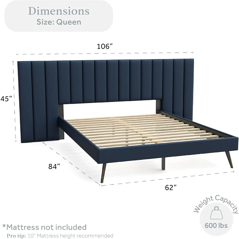 Queen Bed Frame with Extended Headboard, Soft Blue Velvet Fabric,Splayed Wood Legs,Wood Slat Support,Chic Tan Headboard