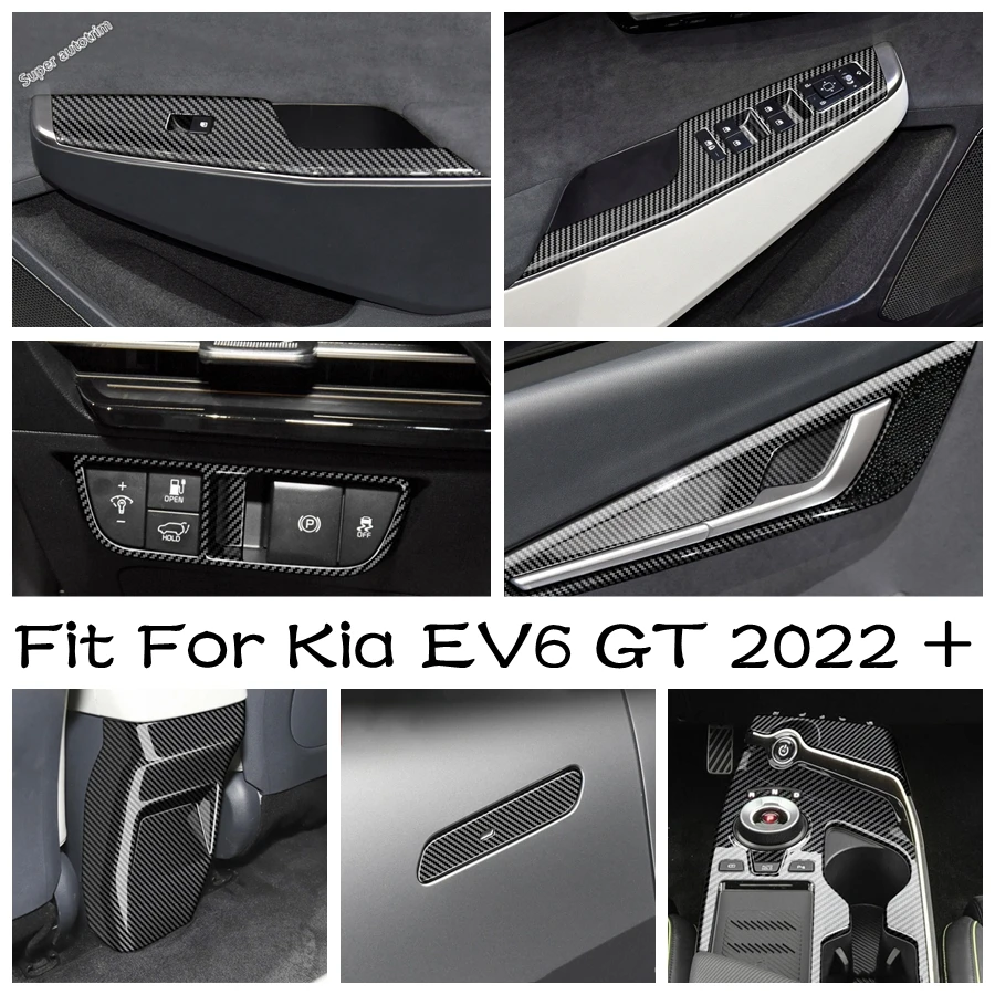 

Window Lift / Handle Bowl / Gear Shift Water Cup / Rear Box Panel Cover Trim Carbon Fiber Accessories For Kia EV6 GT 2022 - 2024