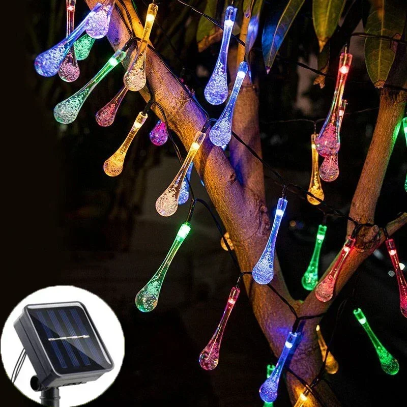 الديكور في الهواء الطلق LED قطرات الماء الشمسية سلسلة أضواء مقاوم للماء جارلاند الجنية أضواء عيد الميلاد حفل زفاف مصباح حديقة
